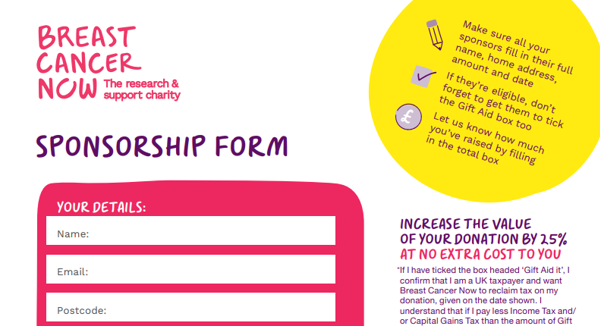 A sponsorship form to record your sponsors' details, with information about claiming GiftAid.