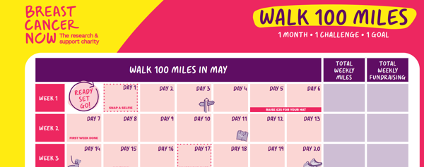 A calendar with space to record your daily distance, and your total weekly miles and calendar.
