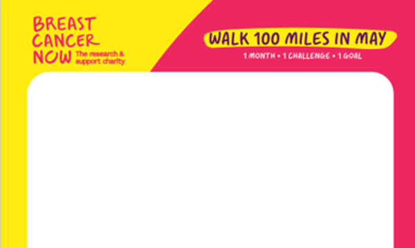 A blank poster with a yellow and pink border. The top of the poster reads 'Walk 100 miles in may. 1 month. 1 challenge. 1 goal'